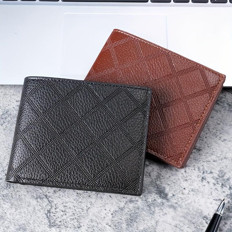 Men's Leather Short Wallet Money Clip Plaid Pattern Card Holder Purse