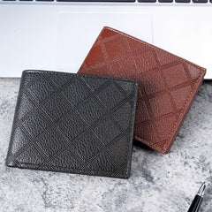 Men's Leather Short Wallet Money Clip Plaid Pattern Card Holder Purse