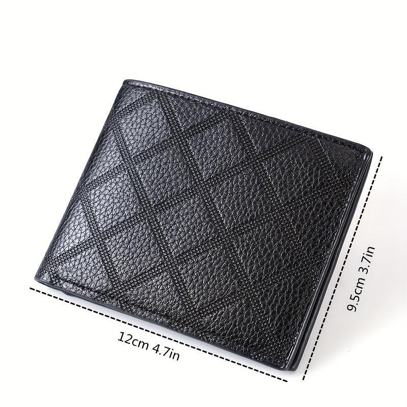 Men's Leather Short Wallet Money Clip Plaid Pattern Card Holder Purse