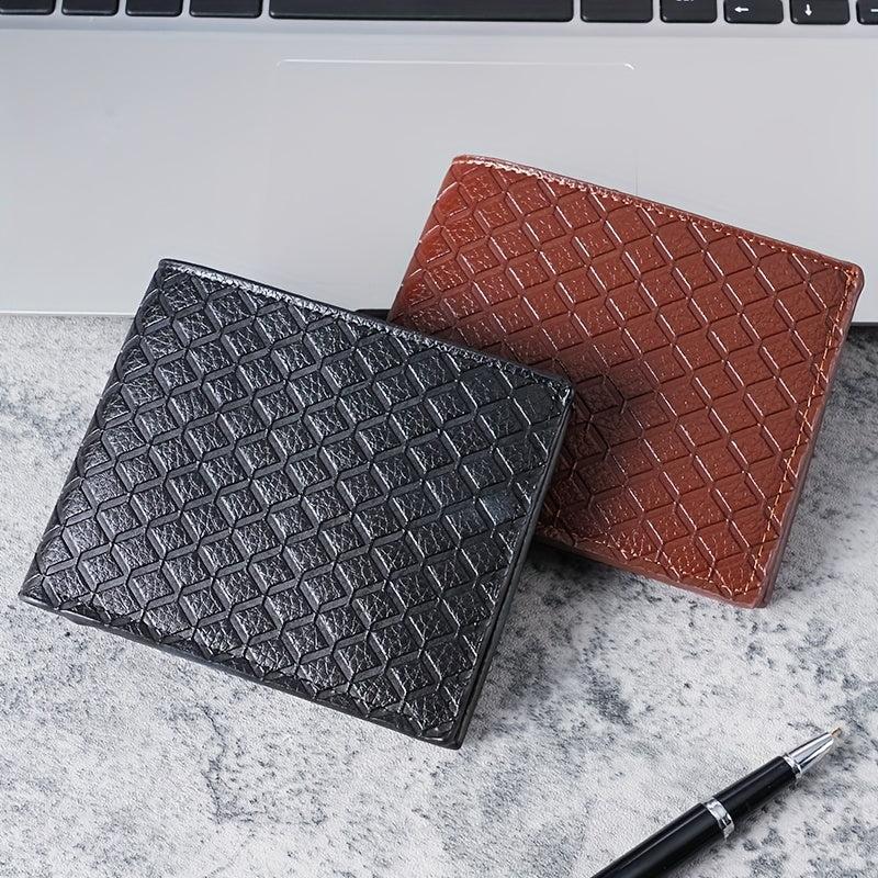 Men's Leather Short Wallet Money Clip Plaid Pattern Card Holder Purse