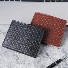 Men's Leather Short Wallet Money Clip Plaid Pattern Card Holder Purse