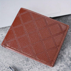 Men's Leather Short Wallet Money Clip Argyle Pattern Card Holder Purse