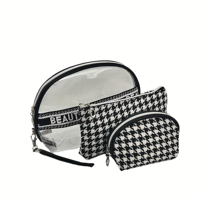3Pcs Houndstooth Makeup Bag Travel Toiletry Waterproof Cosmetics Essentials