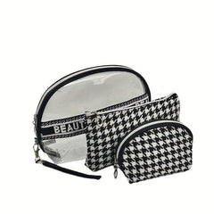 3Pcs Houndstooth Makeup Bag Travel Toiletry Waterproof Cosmetics Essentials