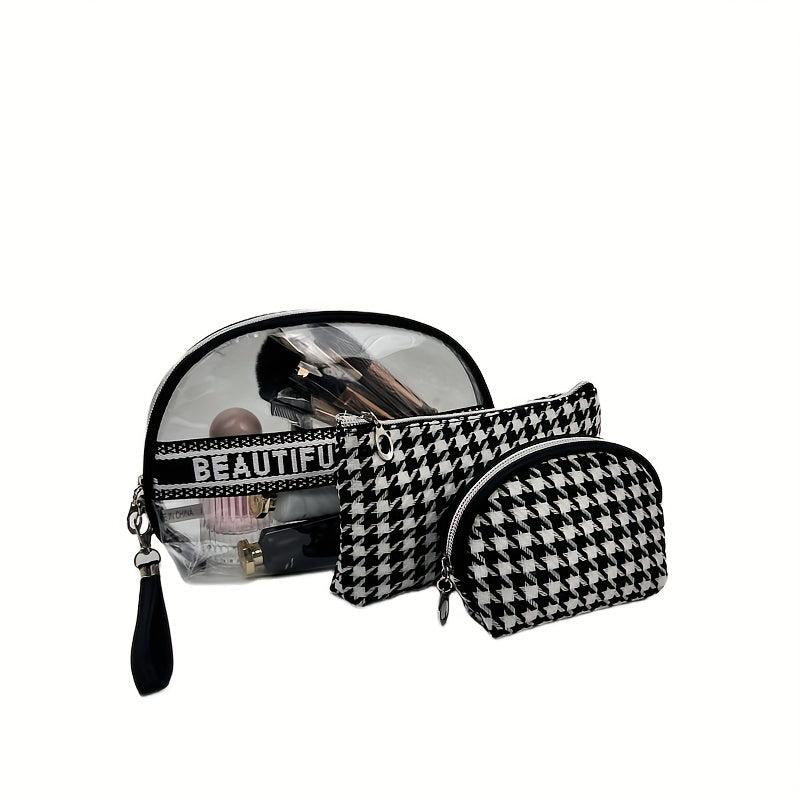 3Pcs Houndstooth Makeup Bag Travel Toiletry Waterproof Cosmetics Essentials