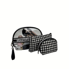 3Pcs Houndstooth Makeup Bag Travel Toiletry Waterproof Cosmetics Essentials