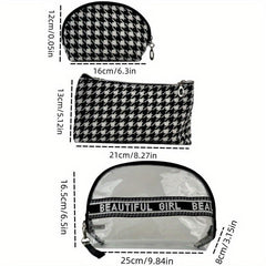 3Pcs Houndstooth Makeup Bag Travel Toiletry Waterproof Cosmetics Essentials