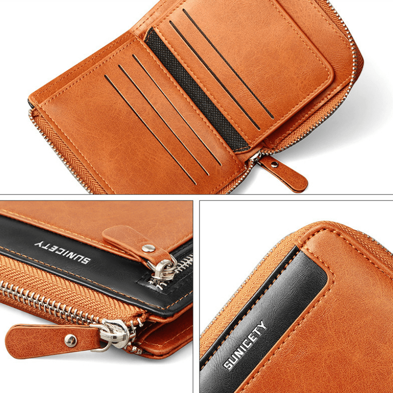Men's PU Leather Zipper Wallet RFID Blocking Card Holder