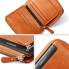 Men's PU Leather Zipper Wallet RFID Blocking Card Holder