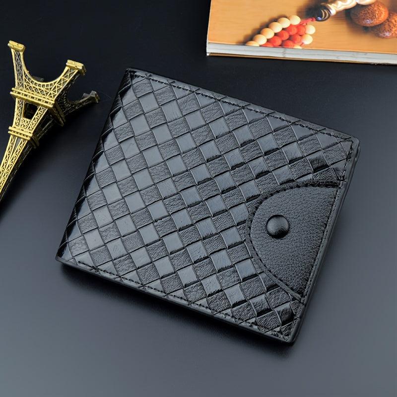 Men's Woven Pattern Short Wallet Card Slots Large Capacity PU Leather Wallet