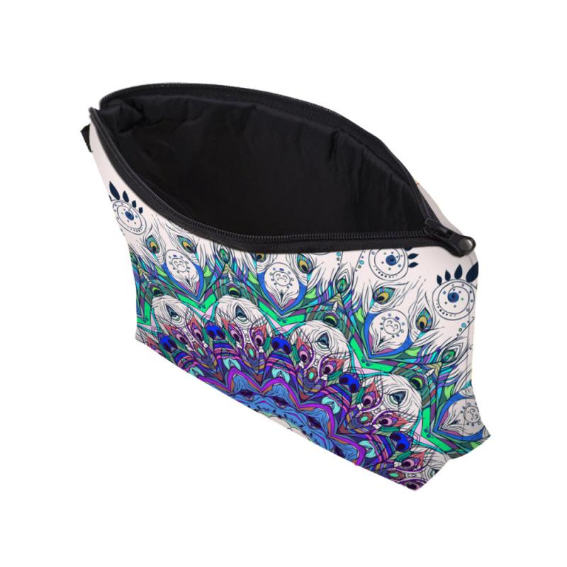 Peacock Feather Print Makeup Storage Bag Portable Zipper Cosmetic Bag