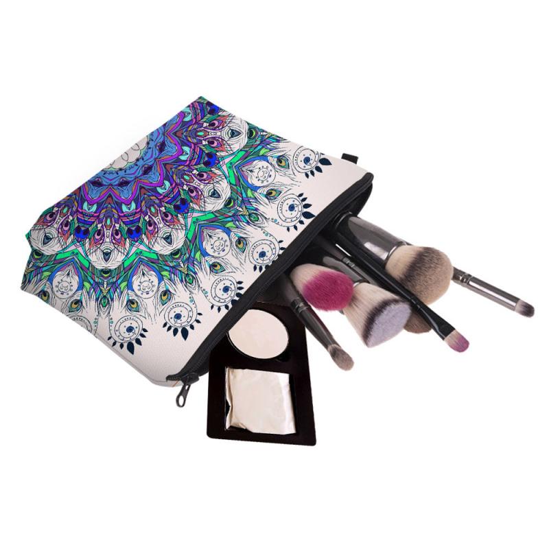 Peacock Feather Print Makeup Storage Bag Portable Zipper Cosmetic Bag