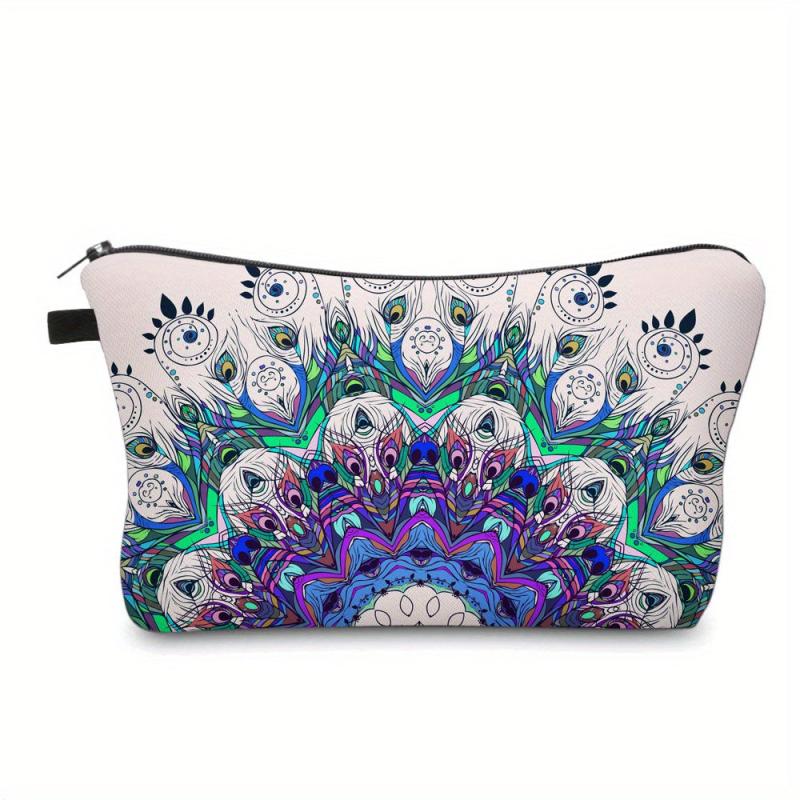 Peacock Feather Print Makeup Storage Bag Portable Zipper Cosmetic Bag