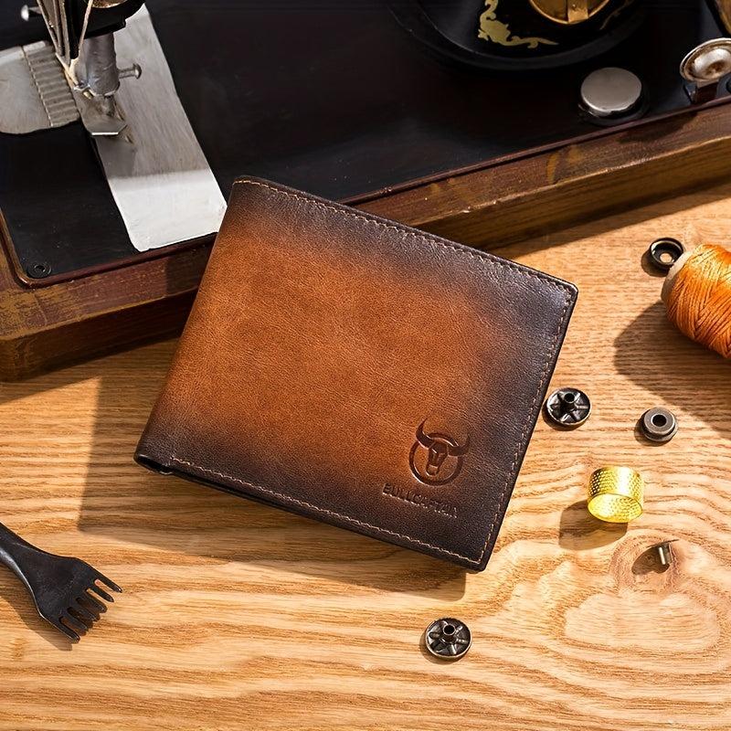 Men's RFID Blocking Leather Short Wallet with Bull Head Pattern