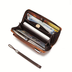 Solid Leather Zipper Wallet with Wristlet Coin Purse
