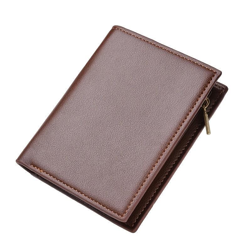 Men's Trifold Zipper Short Wallet PU Leather Money Clip
