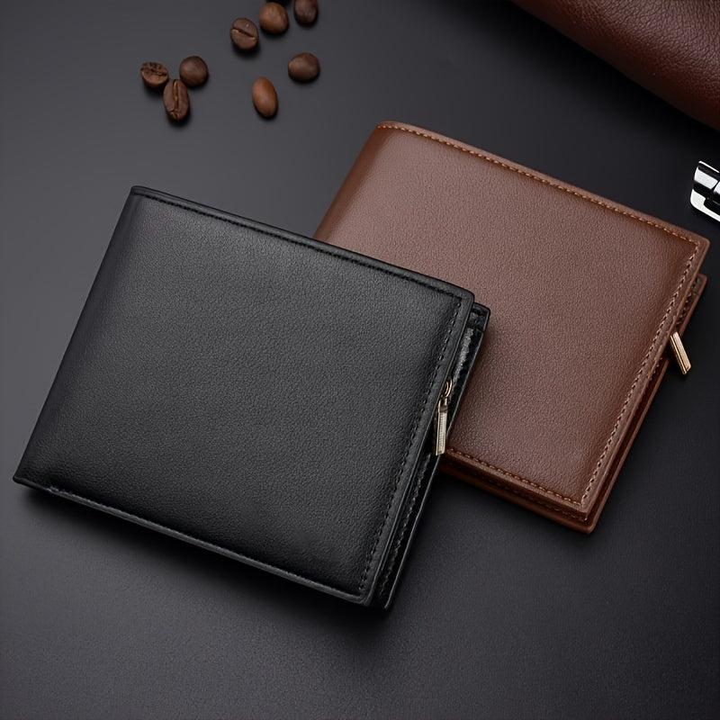 Men's Trifold Zipper Short Wallet PU Leather Money Clip