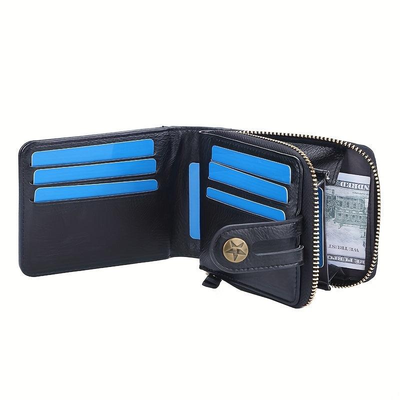 Men's Vintage Leather Short Wallet Bifold Zipper Coin Purse
