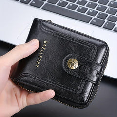 Men's Vintage Leather Short Wallet Bifold Zipper Coin Purse