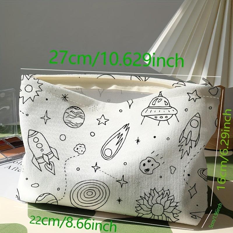 Cartoon Universe Print Makeup Bag Corduroy Cosmetic Bag