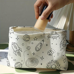 Cartoon Universe Print Makeup Bag Corduroy Cosmetic Bag