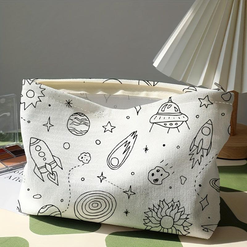 Cartoon Universe Print Makeup Bag Corduroy Cosmetic Bag