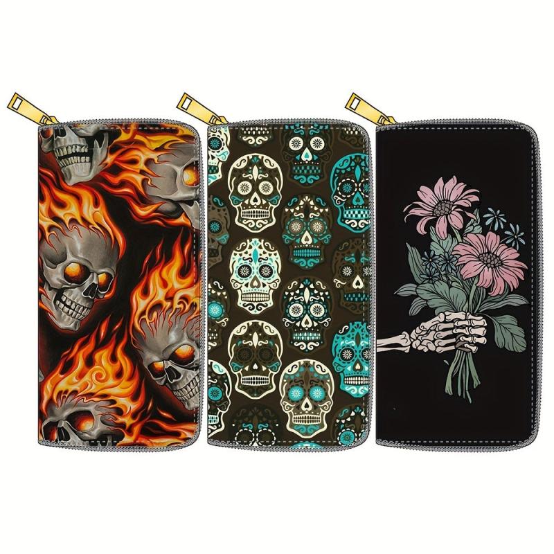 Men's Skull Pattern Long Zipper Wallet Handbag Cluth Bag