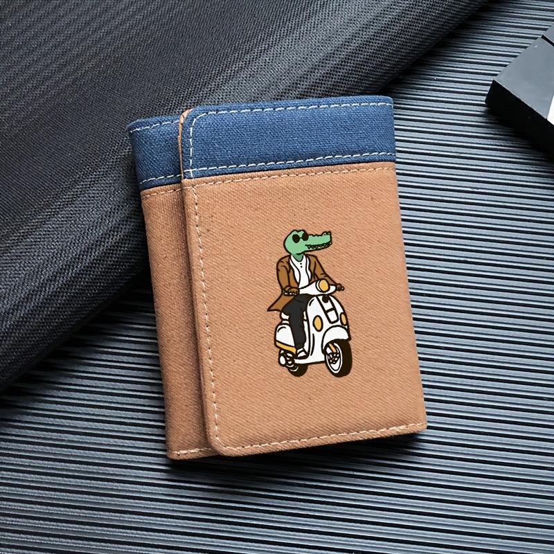 Men's Canvas Block Tri fold Leather Money Clip Crocodile Pattern Wallet