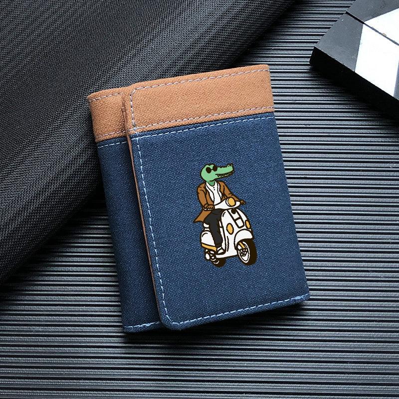 Men's Canvas Block Tri fold Leather Money Clip Crocodile Pattern Wallet