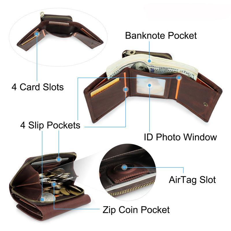 Leather Airtags Wallet Men RFID Blocking Anti-lost Purse