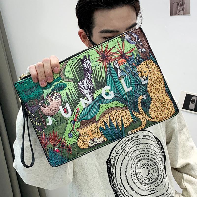 Animal Print Envelope Clutch Bag Men's Leather Handbag