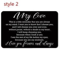 Engraved Aluminum Alloy Wallet Insert Love Note Card Romantic Gift