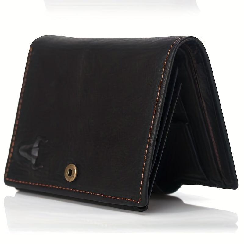 Men's Leather Bullhead Pattern Short Wallet Snap Button Wallet