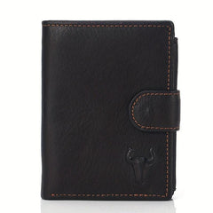 Men's Leather Bullhead Pattern Short Wallet Snap Button Wallet