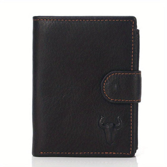 Men's Leather Bullhead Pattern Short Wallet Snap Button Wallet