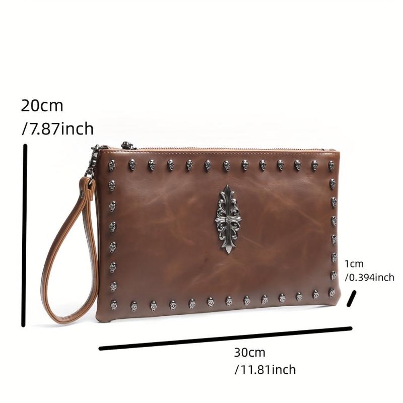 Men's Skull Rivet Handbag Leather Wrist Bag