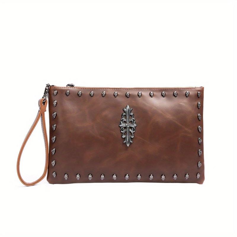 Men's Skull Rivet Handbag Leather Wrist Bag