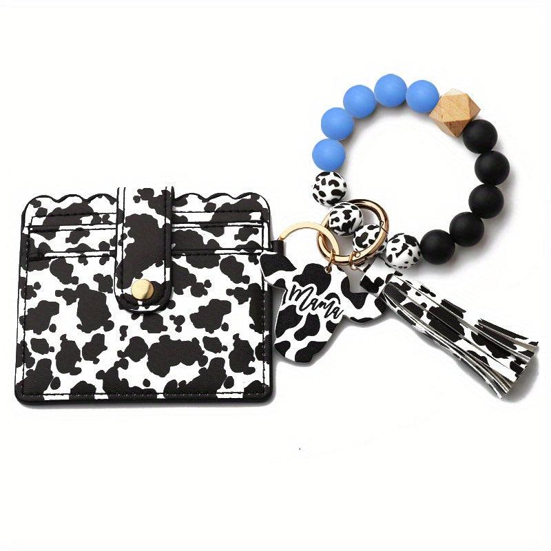 Beaded Bracelet Keychain Coin Purse PU Leather Tassel Decor Keychain Card Holder