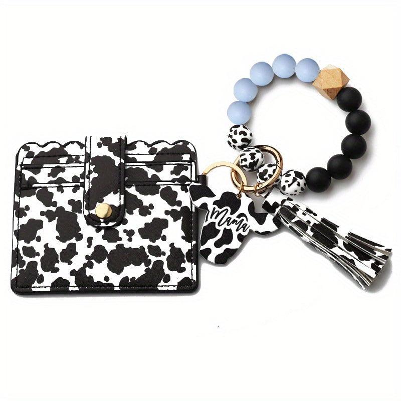 Beaded Bracelet Keychain Coin Purse PU Leather Tassel Decor Keychain Card Holder