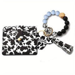 Beaded Bracelet Keychain Coin Purse PU Leather Tassel Decor Keychain Card Holder