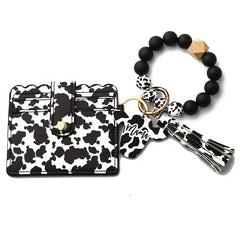 Beaded Bracelet Keychain Coin Purse PU Leather Tassel Decor Keychain Card Holder