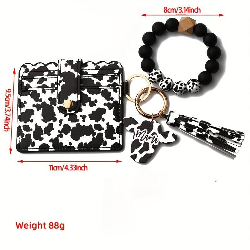 Beaded Bracelet Keychain Coin Purse PU Leather Tassel Decor Keychain Card Holder