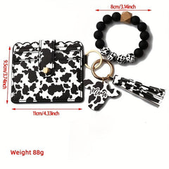 Beaded Bracelet Keychain Coin Purse PU Leather Tassel Decor Keychain Card Holder