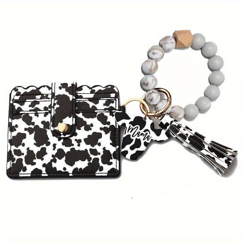 Beaded Bracelet Keychain Coin Purse PU Leather Tassel Decor Keychain Card Holder