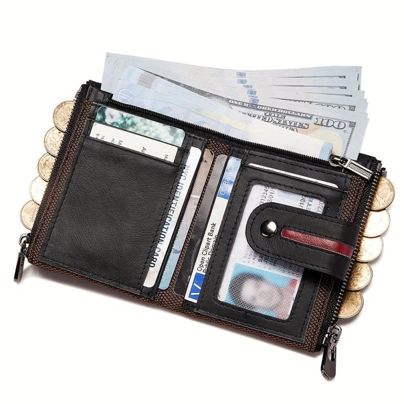 KAVIS Men's Vintage Leather Wallet Double Zipper RFID Blocking Card Holder