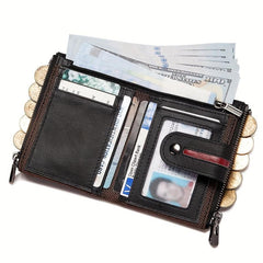 KAVIS Men's Vintage Leather Wallet Double Zipper RFID Blocking Card Holder