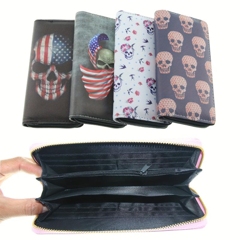 Men's Skull Pattern Zipper Clutch Wallet with Card Slots