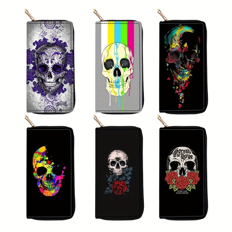 Men's Skull Pattern Long Zipper Wallet Large Capacity Clutch Bag