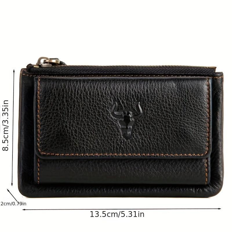 Men's Leather Bull Head Short Wallet Multiple Card Slots Purse