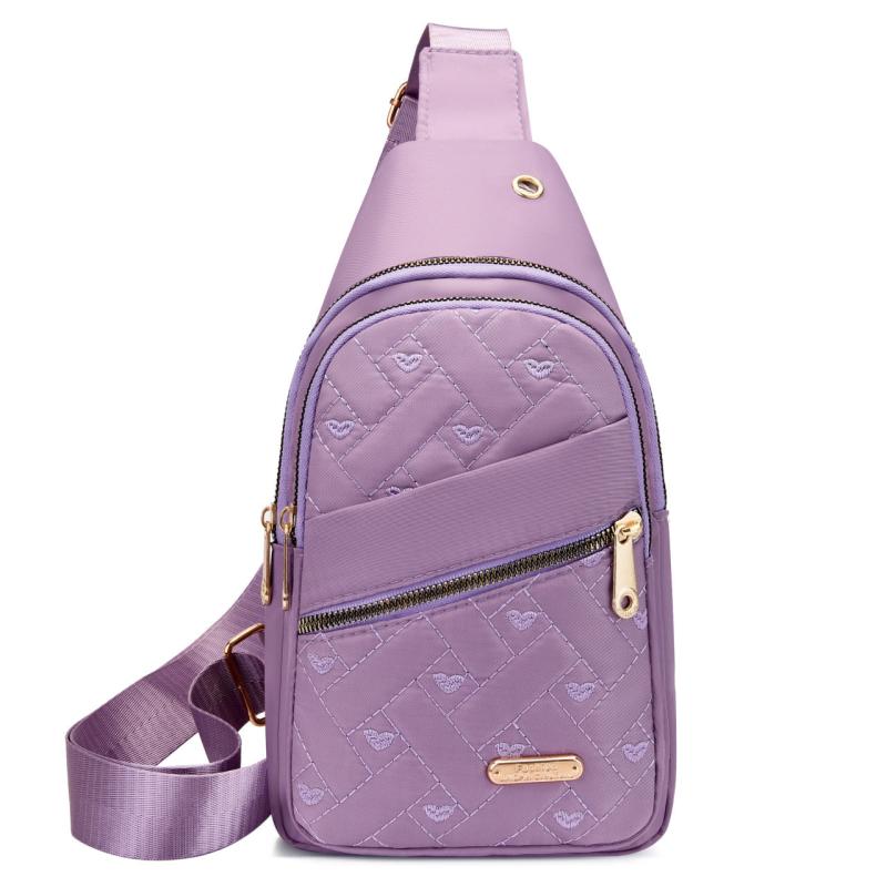 Heart Embroidered Quilted Chest Bag Nylon Crossbody Purse